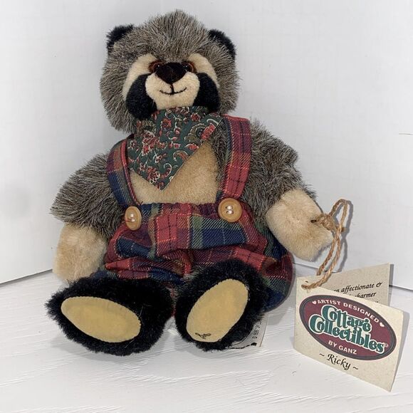 Vintage Ganz Cottage Collection Ricky Plush Raccoon Toy with Plaid Overalls - Picture 13 of 13
